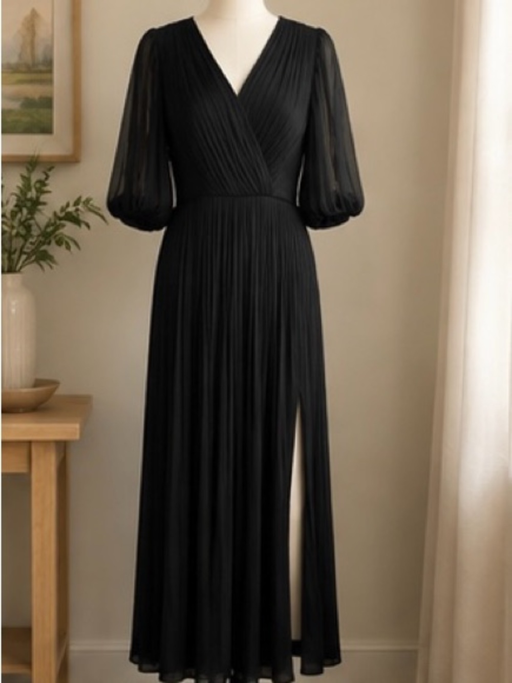 Banana Republic Black Pleated Maxi Dress Sheer Sleeve Size 14